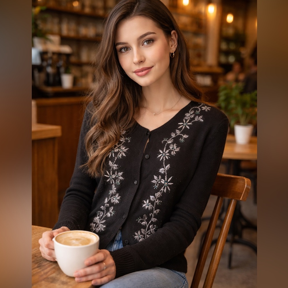 Sag Harbor Embroidered & Beaded Floral Design Cardigan Sweater